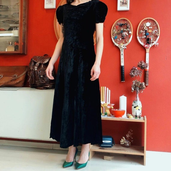 1930's puff sleeves black velvet ruched front maxi