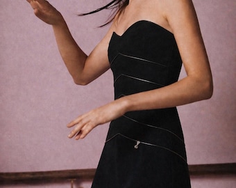 Thierry Mugler early 90s black cotton strapless sculpted midi dress with exposed zippers details cyber minimalist (S)