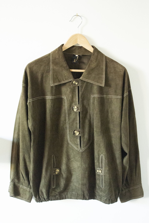 70's men's suede leather seaweed green collared bo