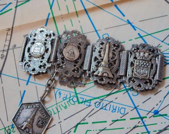 1940s Paris souvenir silver tone metal bracelet French travel filigree charm panel cuff Mid-Century memorabilia link cuff