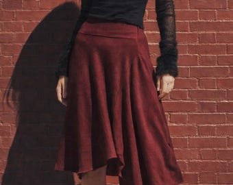 Balenciaga by Demna Gvasalia burgundy wool asymmetric midi draped skirt with irregular hem and soft flowing silhouette (FR36)