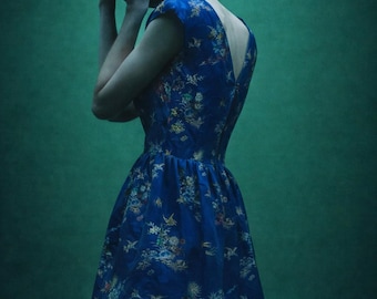 1950s Silk Fit & Flare Dress, Chinese Floral Print (S) Vintage