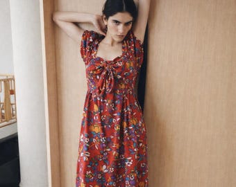 Saint Laurent Rive Gauche spring/summer 1983 red silk floral midi dress with puff sleeves Matisse inspired print (S)