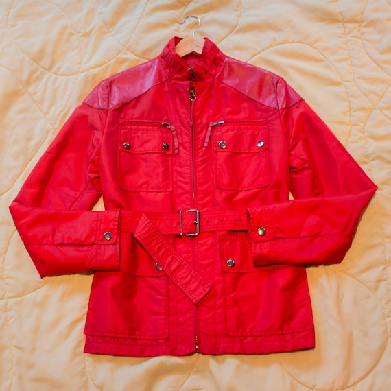 Prada 90s Red Nylon Four Pockets Mock Neck Belted Jacket