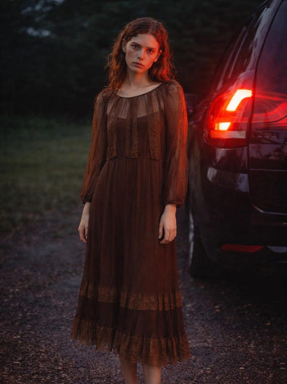 pleated prairie dress 1970s Mary Daphné Haute Couture brown chiffon and lace midi prairie dress  with sheer bishop sleeves and pleated skirt boho style (M)