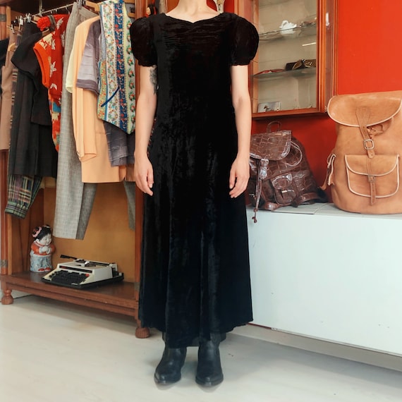 1930's puff sleeves black velvet maxi dress