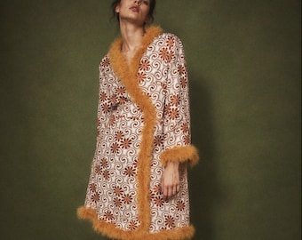 1960s orange floral tapestry print boudoir coat with orange ostrich feathers trim Mod floral dressing gown loungewear (S/M)