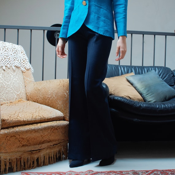1970's blue wool high rise women's flare leg trous