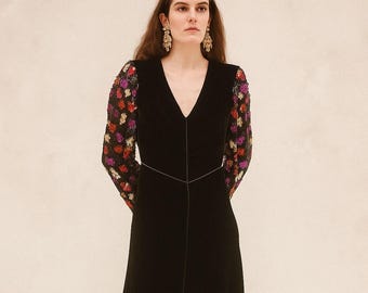 Vintage Valentino Velvet Midi Dress: 80s Silk Evening Gown, Embroidered Sleeves