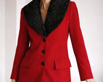 Plein Sud by Fayçal Amor 90's red wool cinched waist mid season short coat with oversize black contrast faux fur collar (S/M)