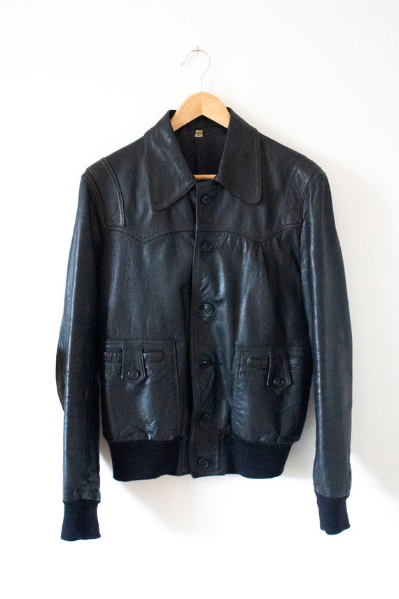 70's men's black leather dagger collar bomber jack
