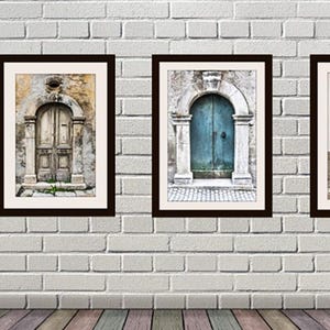 May include: Three framed prints of arched doorways with weathered textures and varying door colors: beige, teal, and green. The prints are displayed on a white brick wall above a wooden floor, with a potted topiary on the left.