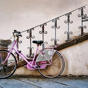 Photography, Italian, street, bike, pink, Tuscany region, Lucca, door, Italy, canvas, metal