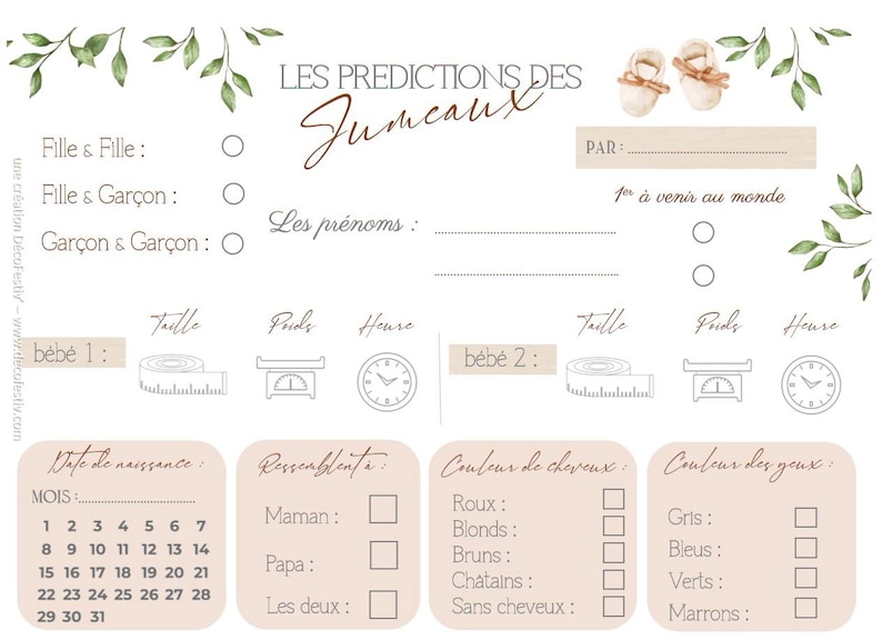 Lot de 6 Cartes de prédictions Jumeaux- Pronostics bébé - Jeu Baby Shower Gender Reveal imagem 7