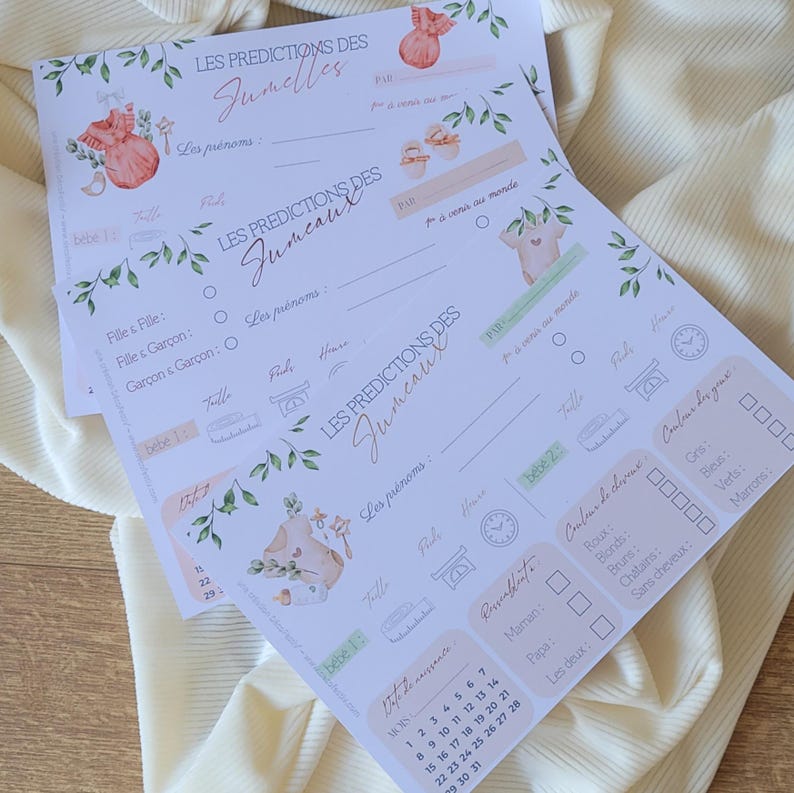 Lot de 6 Cartes de prédictions Jumeaux- Pronostics bébé - Jeu Baby Shower Gender Reveal imagem 4
