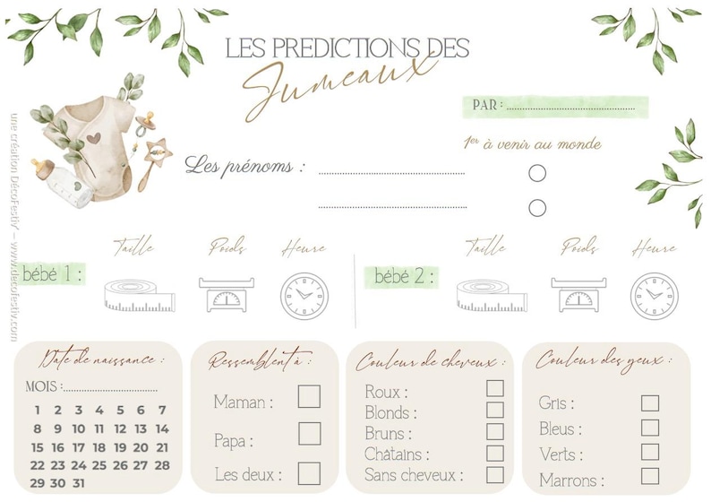 Lot de 6 Cartes de prédictions Jumeaux- Pronostics bébé - Jeu Baby Shower Gender Reveal imagem 5
