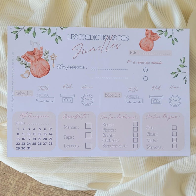 Lot de 6 Cartes de prédictions Jumeaux- Pronostics bébé - Jeu Baby Shower Gender Reveal imagem 2