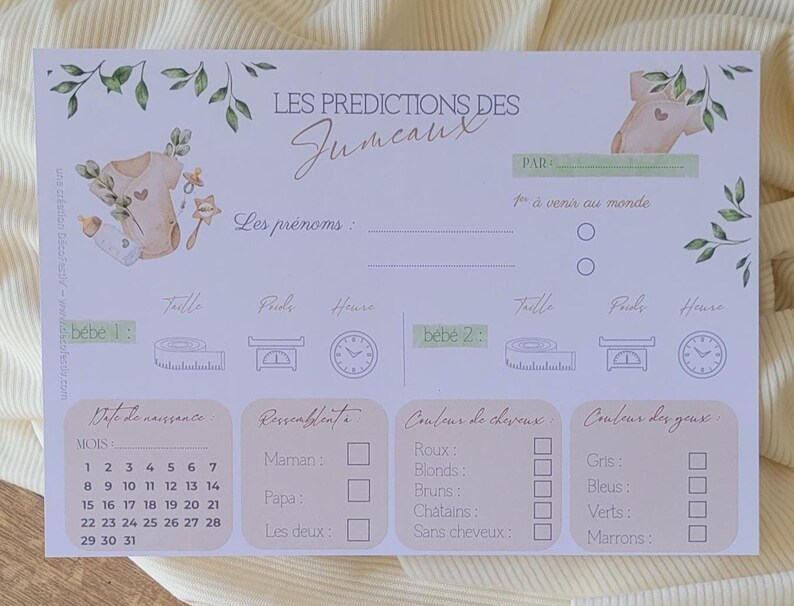 Lot de 6 Cartes de prédictions Jumeaux- Pronostics bébé - Jeu Baby Shower Gender Reveal imagem 3