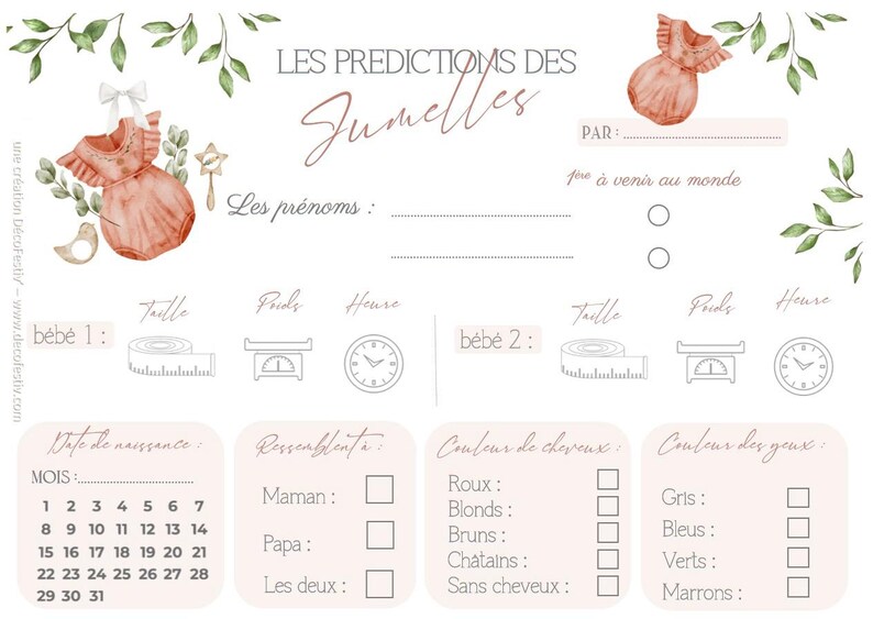 Lot de 6 Cartes de prédictions Jumeaux- Pronostics bébé - Jeu Baby Shower Gender Reveal imagem 6