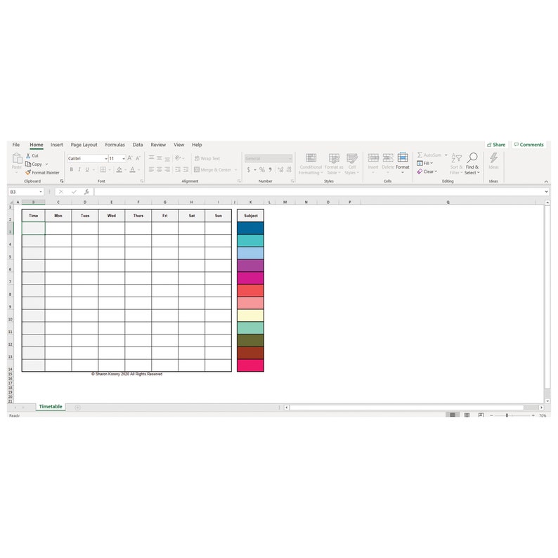 May include: A blank weekly timetable spreadsheet with a column for time and days of the week, Monday through Sunday. A separate column on the right side of the spreadsheet is labeled "Subject" and contains a color-coded key for different subjects.