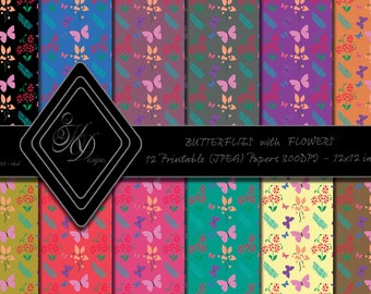 Butterflies with Flowers - High Resolution JPG File Digital Scrapbook Paper - Digital Download