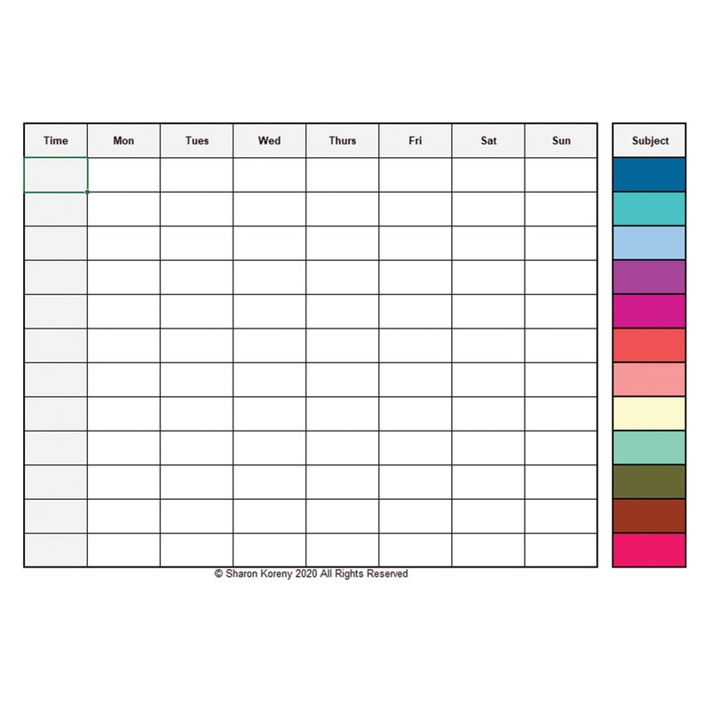 May include: A blank weekly schedule template with a column for each day of the week, Monday through Sunday, and a column for subject. The subject column has a color key with 12 different colors.