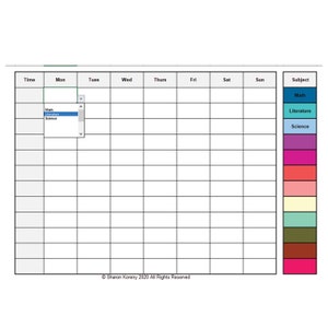 May include: A blank weekly schedule template with a drop-down menu for selecting subjects. The subjects include Math, Literature, and Science. The template is divided into days of the week, with columns for Monday, Tuesday, Wednesday, Thursday, Friday, Saturday, and Sunday.
