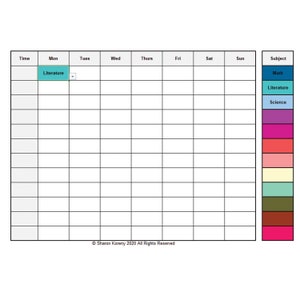 May include: A blank weekly schedule template with a column for each day of the week and a column for subject. The subject column has a color-coded list of subjects: Math, Literature, Science.