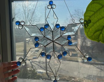 Large Stained Glass Snowflake Suncatcher | Beveled Prism Window Art