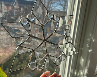 Medium Stained Glass Snowflake Suncatcher | Beveled Prism Window Art |