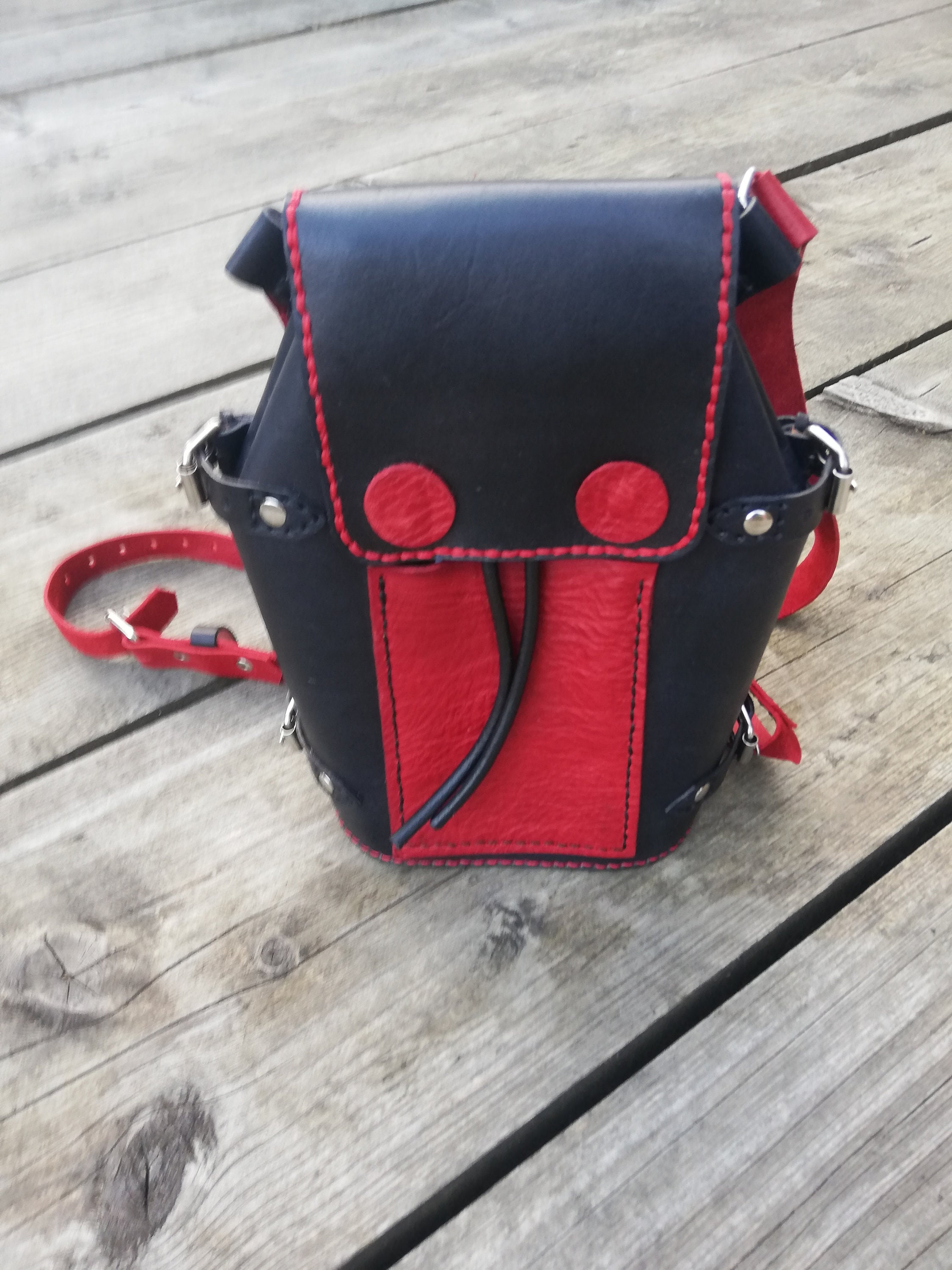 Red and Black Embroidered Mini Backpack Artisan Handmade 100% Leather Embossed Red & Black Leather Backpack, Small Boho Purse  main image 2