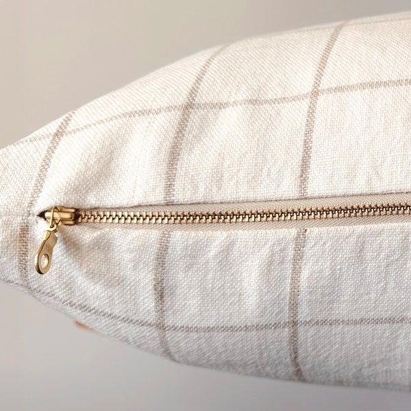 100% Linen Checked Neutral Decor Pillow Cover | Cream & Natural Beige Linen Designer Pillow| Grey Ivory Camel Linen Pillow Windowpane Stripe