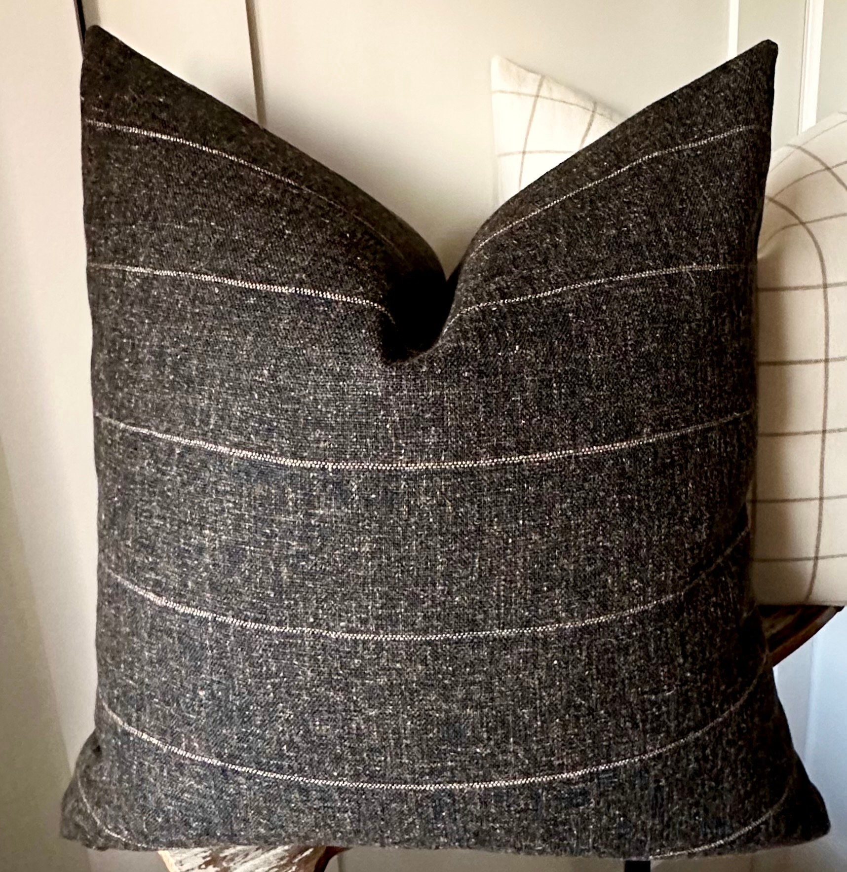 Charcoal Gray Black Pinstripe Pillow Cover: Neutral Modern Rustic Decor Heathered Sable