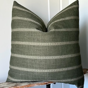 Soft Comfy Green & Cream Striped throw Pillow Cover  Neutral Decor Reversible Textural Pillow Cozy Boho Modern Rustic Mudcloth organic look