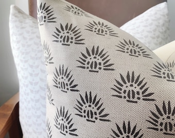 Belgian Linen Pillow Cover: Natural & Black Sun Rays Block Print