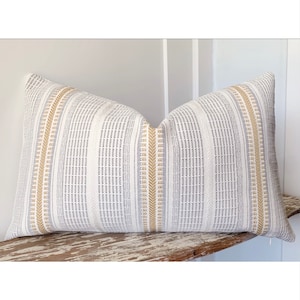 Outdoor Pillows Double Sided White yellow and slate gray striped Pillow Cover | Neutral Decor High Performance Patio Pillow Blue & White