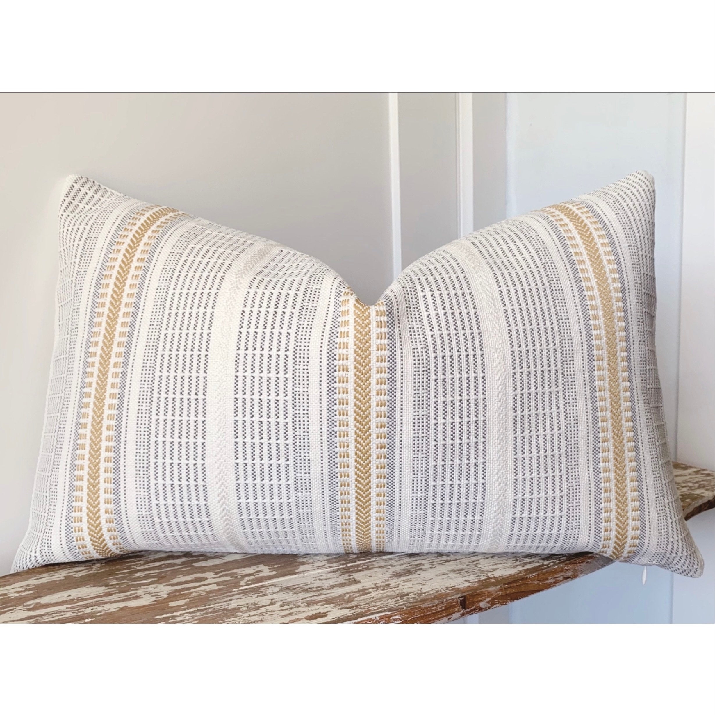 Mustard Yellow Grey White Striped Lumbar Pillows Linen Textured