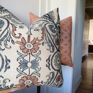 Terracotta & Teal Floral Pillow Cover Block Print Pillow | Bird Throw Pillow | Linen Garden Designer Pillow|Turquoise Aqua Bohemian Pillow