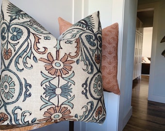 Terracotta & Teal Floral Pillow Cover Block Print Pillow | Bird Throw Pillow | Linen Garden Designer Pillow|Turquoise Aqua Bohemian Pillow