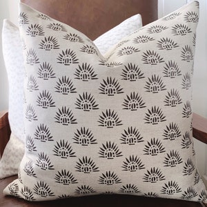 Belgian Linen Designer Pillow |Natural & Black Modern Bohemian Pillow Cover | sun rays Block print Neutral Modern Pillow |Throw Pillow