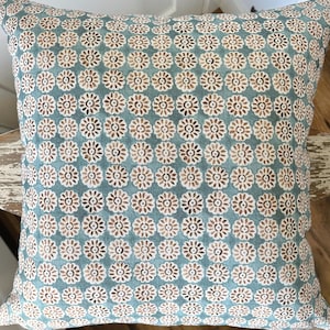Teal Blue and Terracotta Floral Block Print Pillow Cover: Modern Neutral Decor
