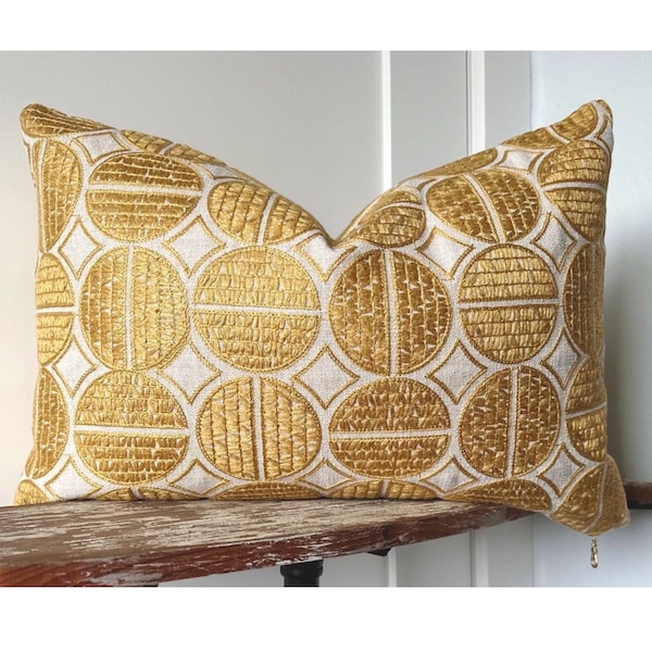 Embroidered Circle Pillow Cover: Mustard Graphic Medallion, Flax Linen Look