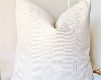 Herringbone Indoor Outdoor Pillow Cover: Neutral White Beige, Double-Sided