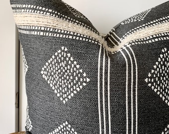 Outdoor Pillow Cover Double Sided Charcoal Gray Black + Natural Pillow Diamond & stripe Neutral Decor High Performance Outdoor pillows