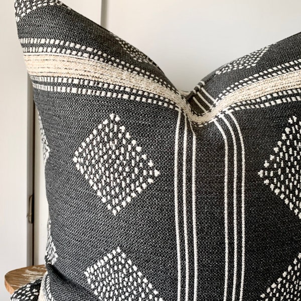 Indoor outdoor Pillow Cover Double Sided Charcoal Gray / Black + Natural  Pillow | Diamond & stripe | Neutral Decor High Performance pillows