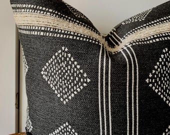 Double Sided Outdoor Pillow Cover: Charcoal Gray Black Diamond Boucle Stripe