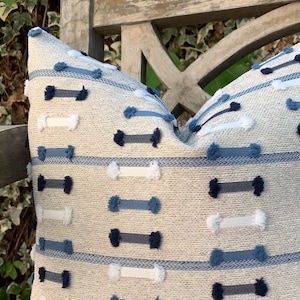 Fringed Outdoor Pillow Cover: Navy, Blue & Beige Boho Decor