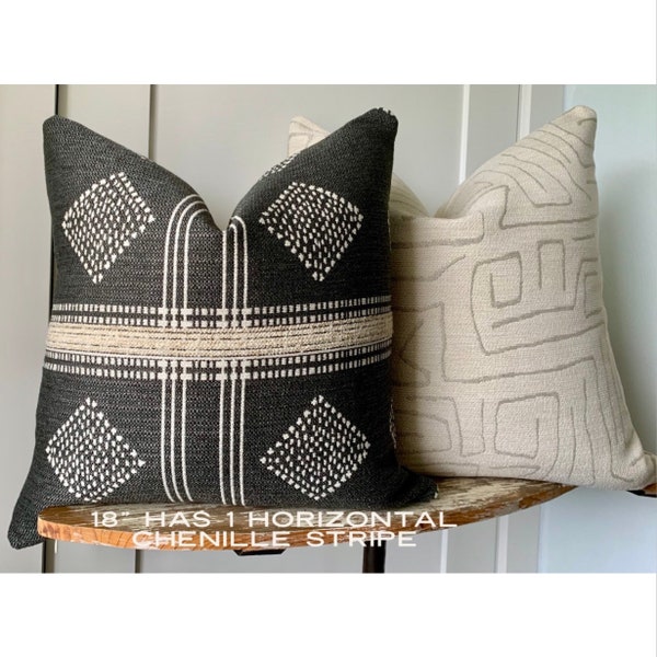Indoor outdoor Pillow Cover Double Sided Charcoal Gray / Black + Natural  Pillow | Diamond & stripe | Neutral Decor High Performance pillows