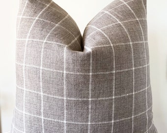 Housse de coussin 100 % lin à carreaux neutres | Oreiller de créateur en lin crème et beige naturel| Oreiller en lin gris ivoire chameau à rayures