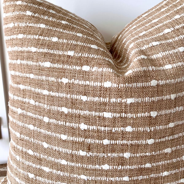 Raffia Look Camel & Cream Striped throw Pillow Cover | Neutral Decor Textural Pillow | Boho Modern Rustic Pillow | Mudcloth Look Doublesided